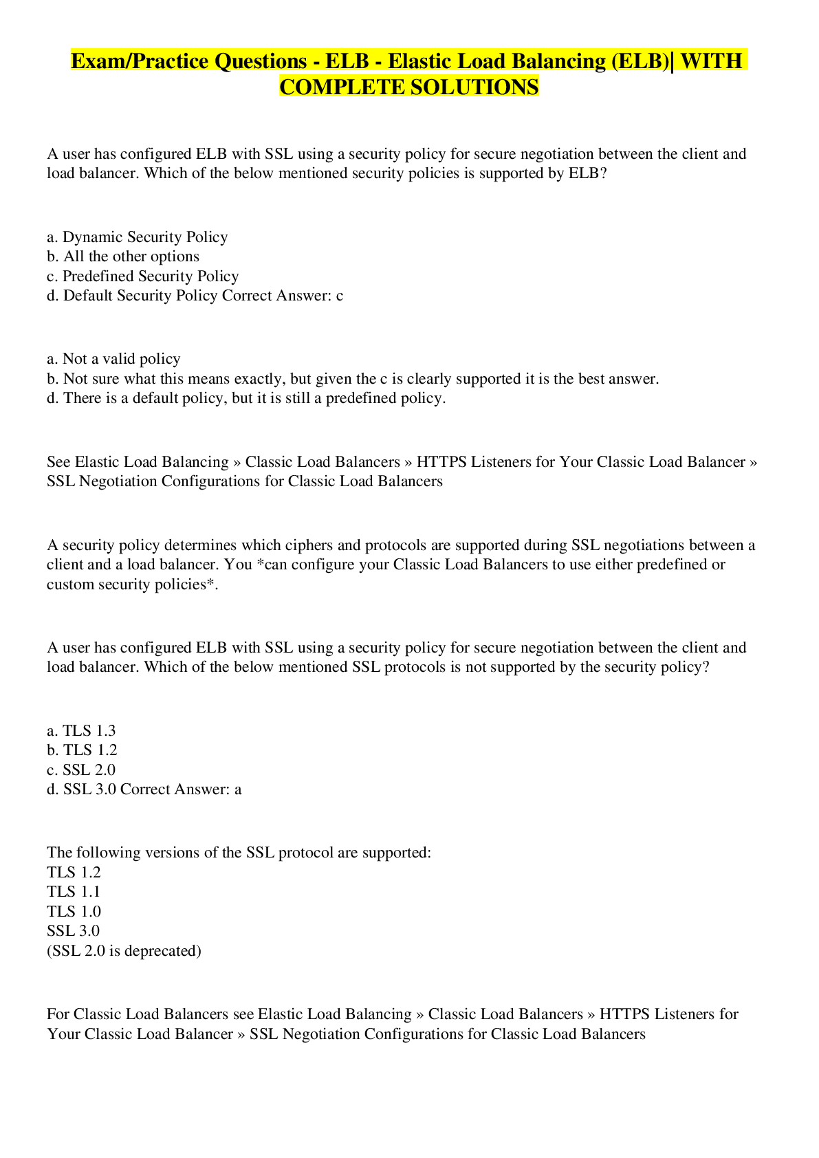 Preview image for Exam/Practice Questions - ELB - Elastic Load Balancing (ELB)| WITH COMPLETE SOLUTIONS